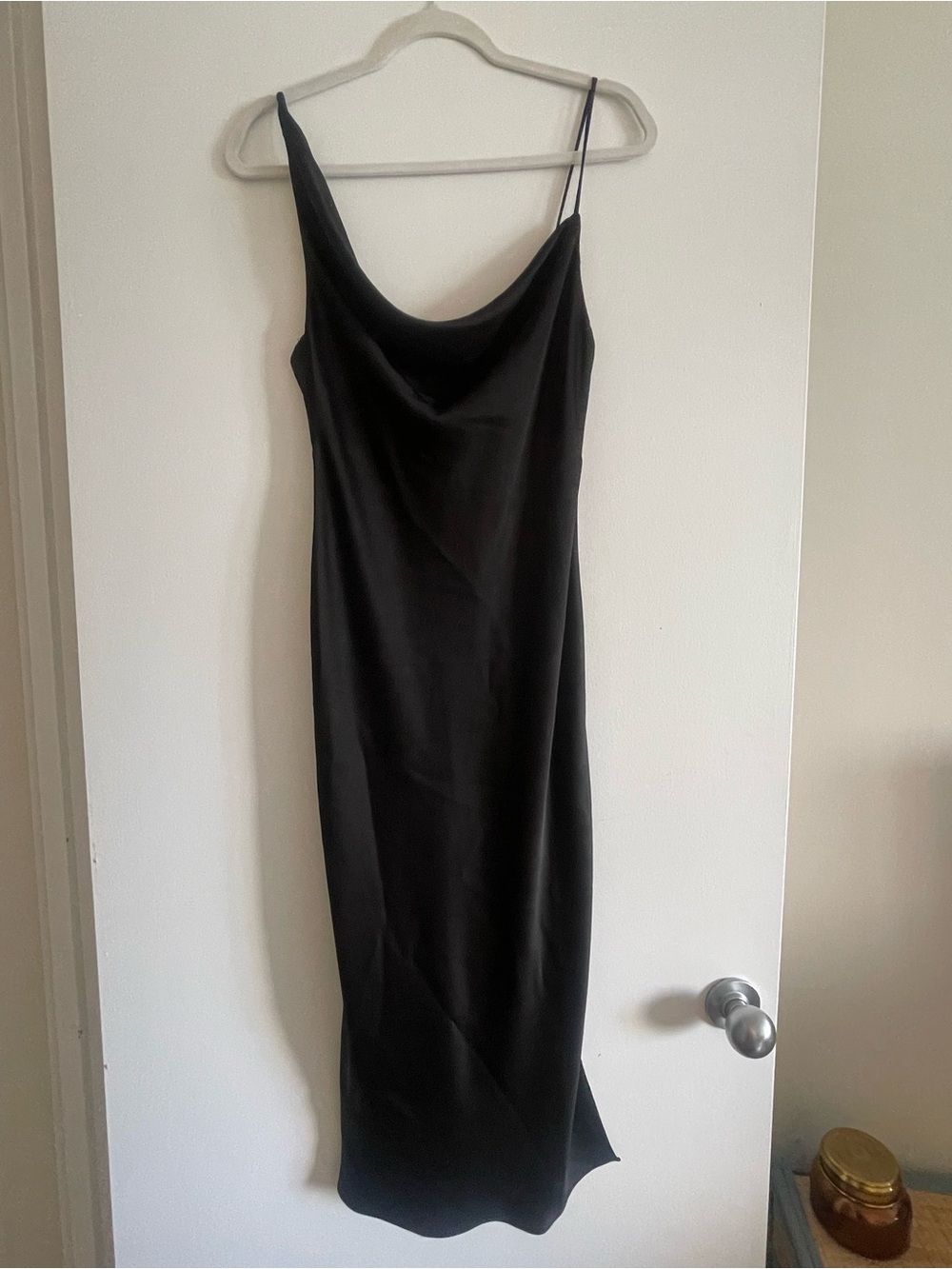 BHLDN August Black Satin Backless Midi Dress by Anthropologie, Cowl Neck & Slit